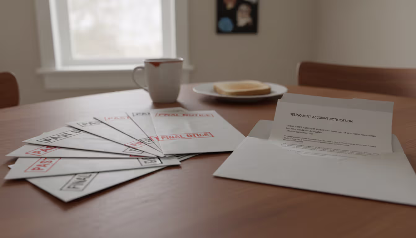 Stack of past due and final notice envelopes fanned out on a kitchen table with an opened letter in a home setting