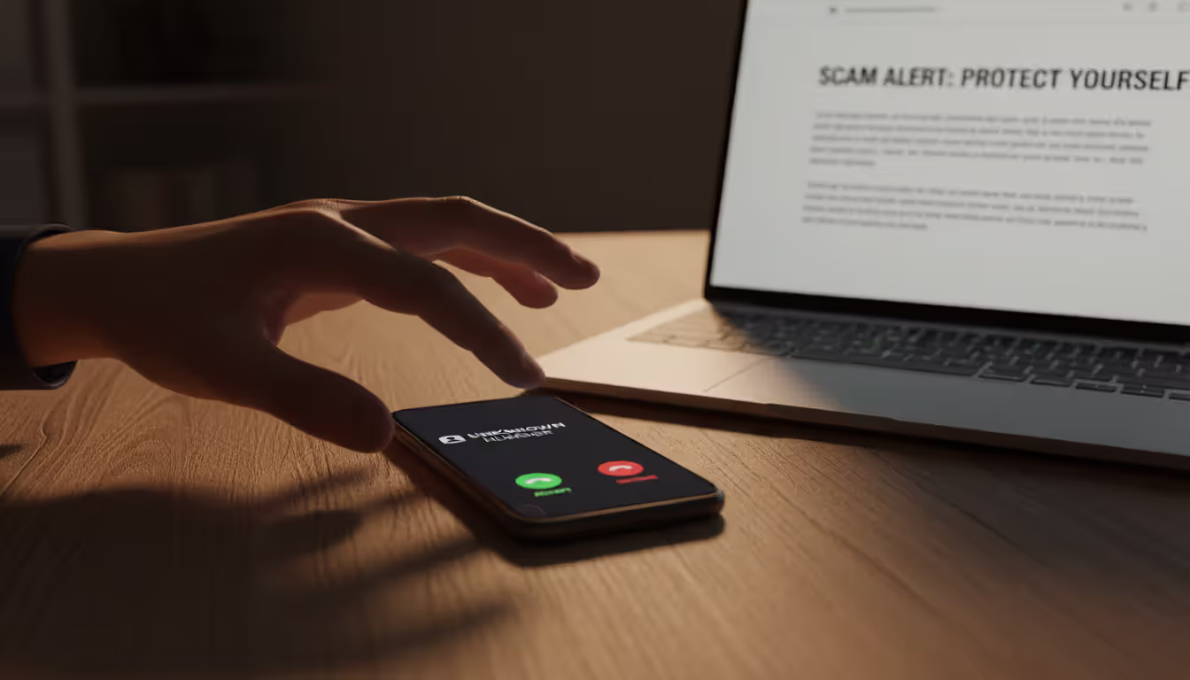 Smartphone showing incoming call from unknown number on a desk next to a laptop with a hesitant hand reaching toward it