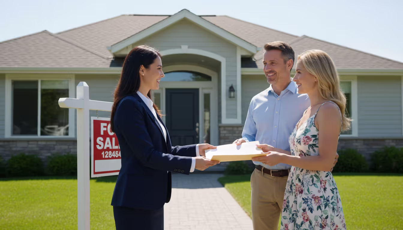 Real estate agent handing documents to a buyer couple in front of a suburban house with a For Sale sign