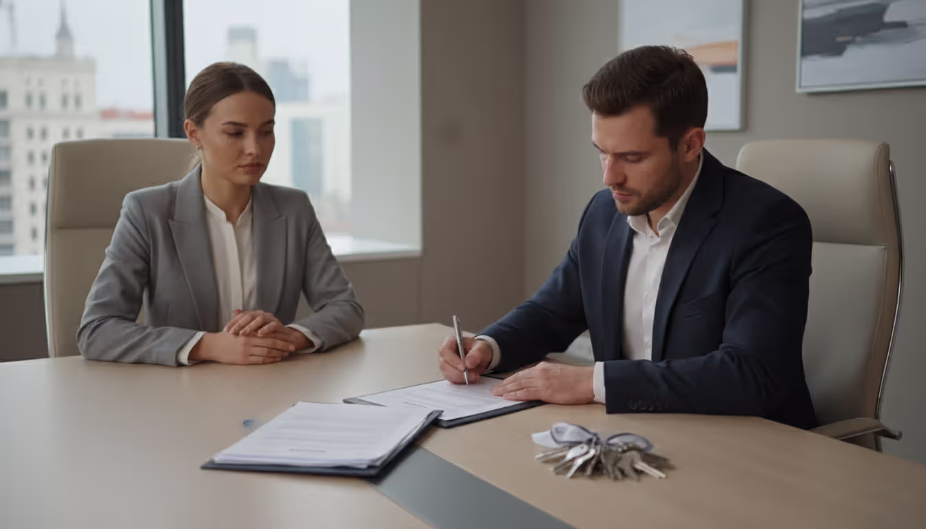 Two people sitting at a table signing real estate closing documents with house keys nearby in an office setting