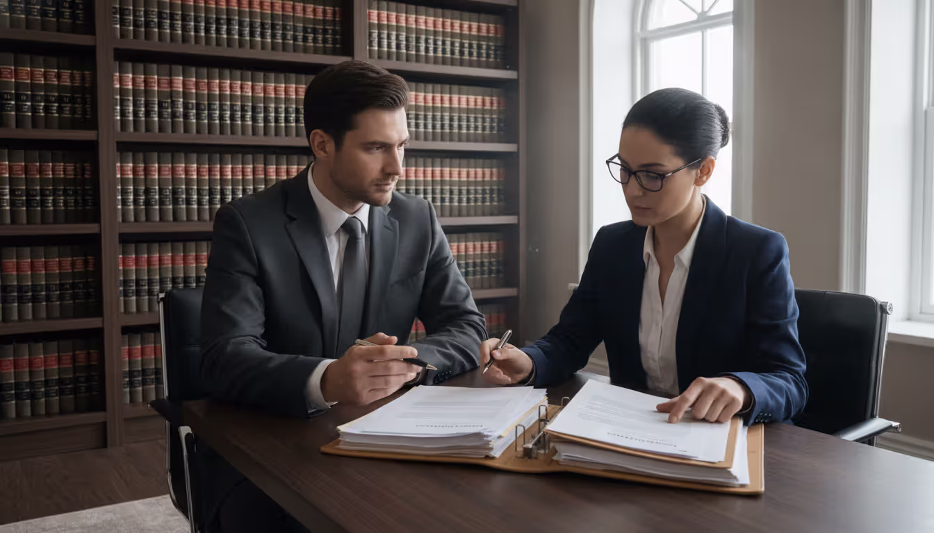 A lawyer and a client discussing legal documents at a desk with bookshelves in the background