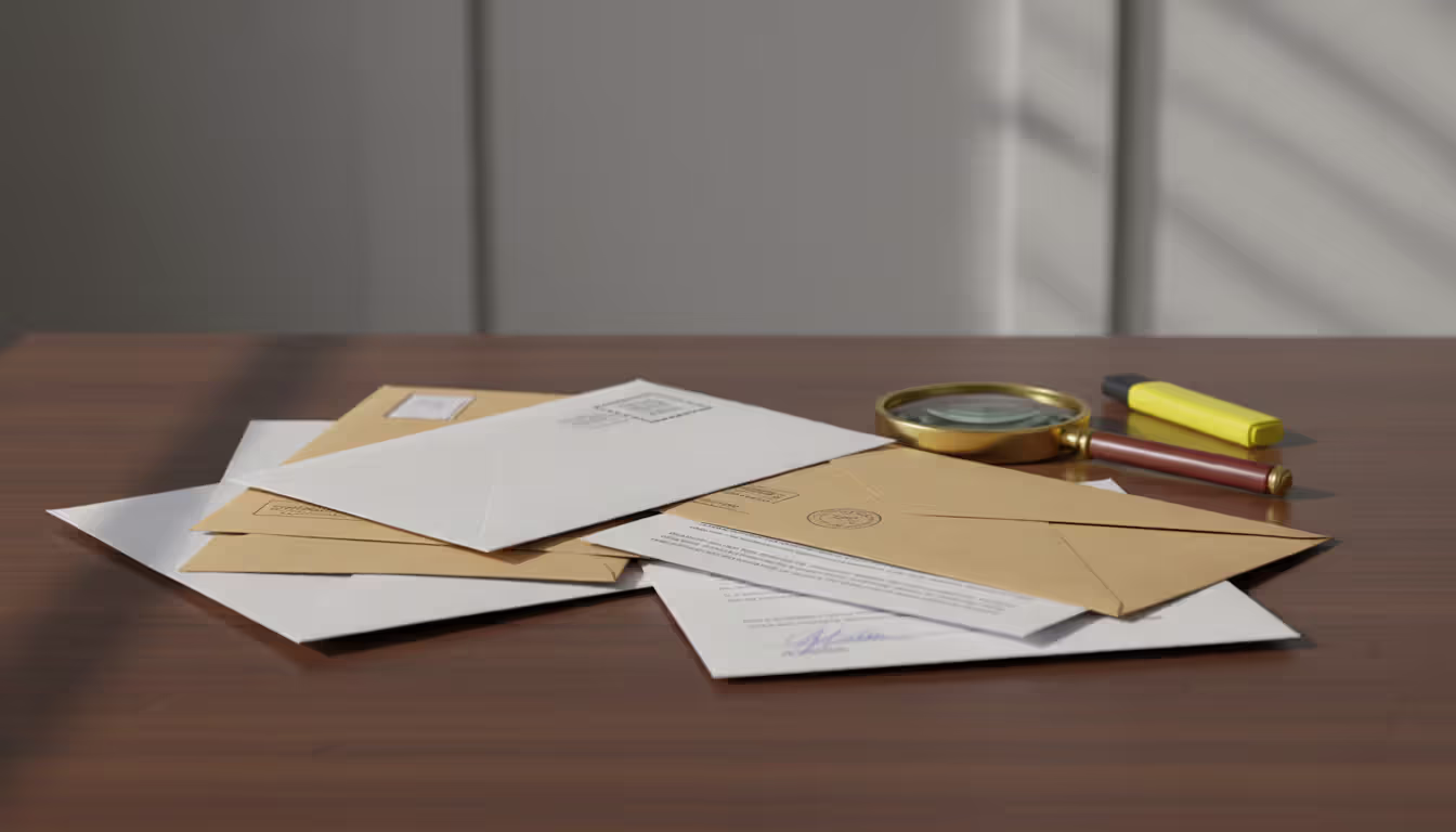 Stack of legal notice envelopes on a desk with a magnifying glass and a highlighter, one envelope opened