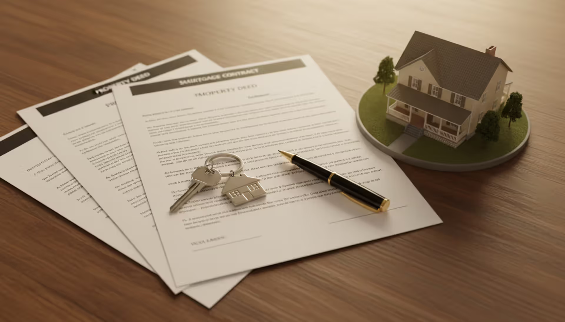 Top view of a desk with house sale documents, house keys, a pen, and a small house model in warm lighting