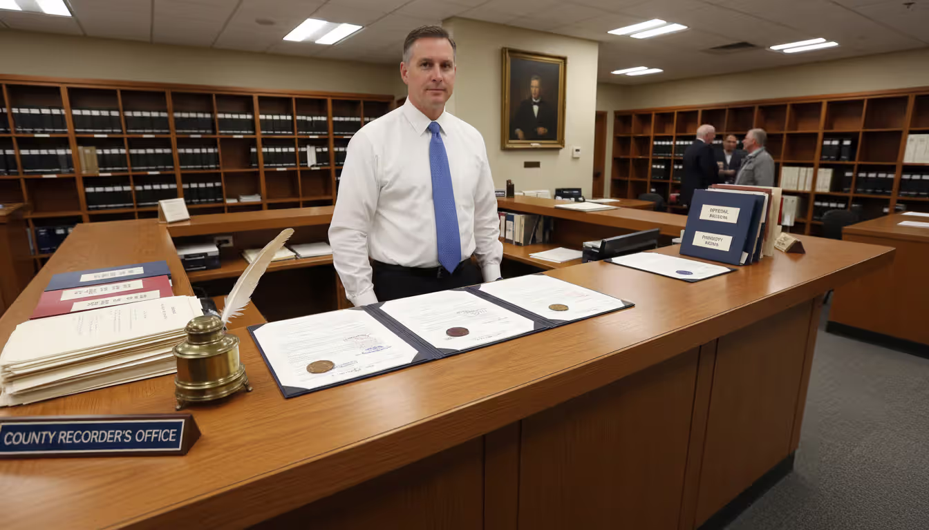 County recorder office reception desk with official documents and stamps for filing public property records