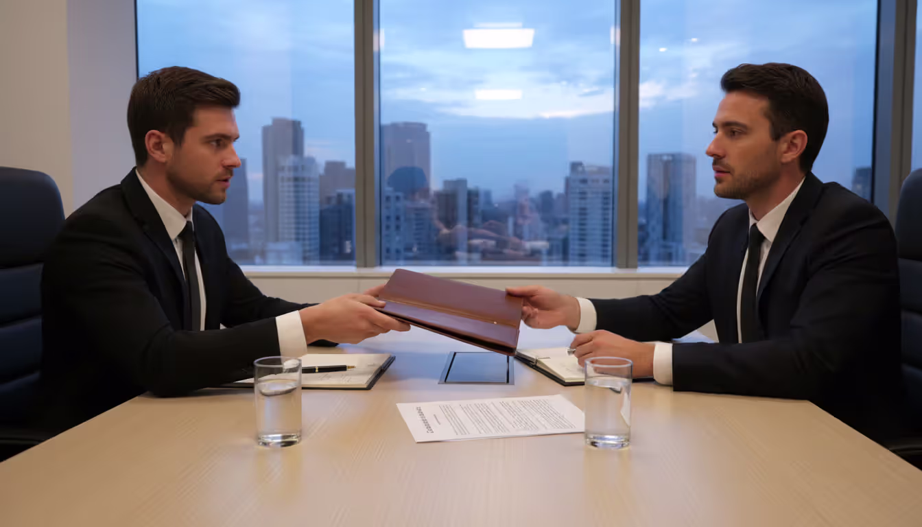 Close-up of hand signing legal settlement agreement document with pen on dark wooden desk