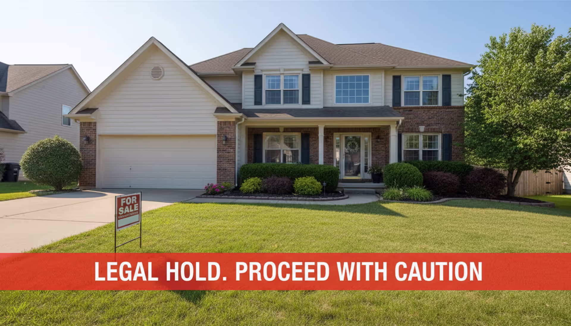 Suburban house with for sale sign and semi-transparent red warning banner symbolizing legal restriction on property sale