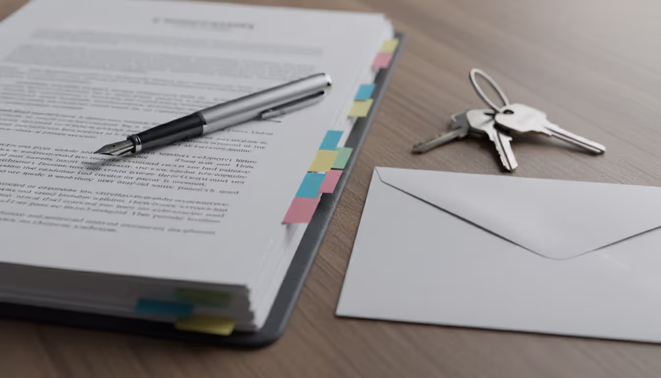 Close-up of official mortgage documents with bookmarks, a pen, house keys, and an envelope on a wooden desk