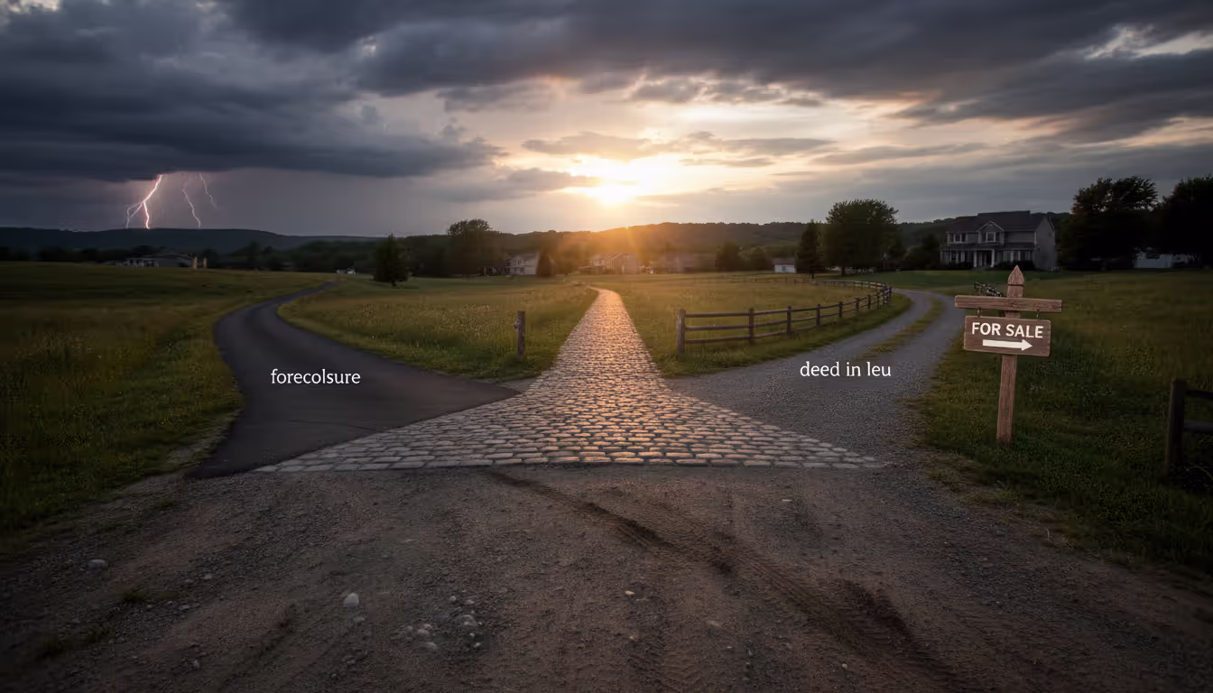 Three diverging paths at a crossroads symbolizing foreclosure, deed in lieu, and short sale options in a suburban landscape