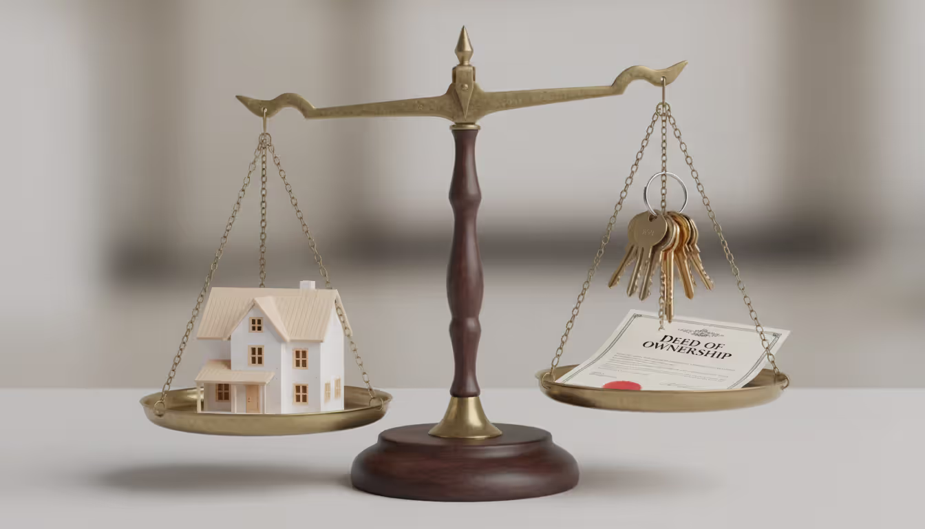 Balance scales with a miniature house model on one side and house keys with a document on the other side
