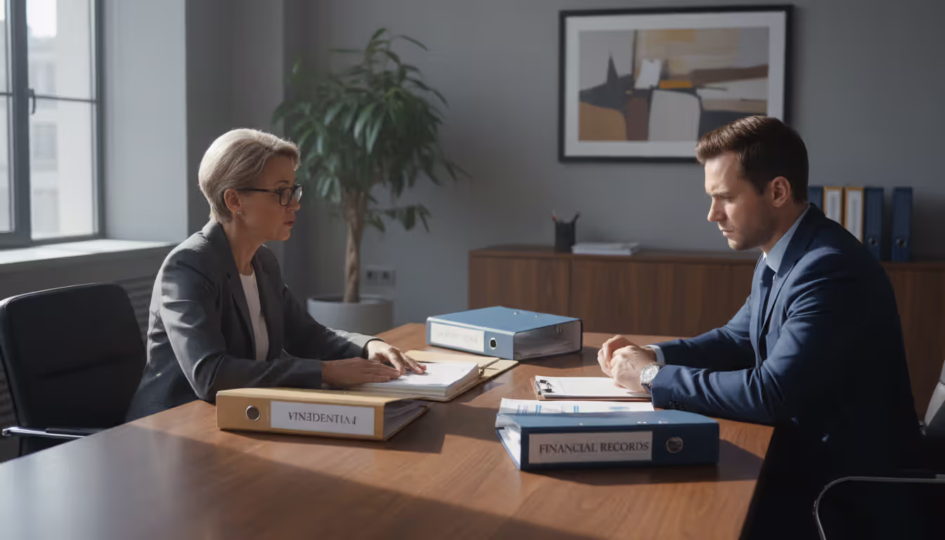 A homeowner consulting with a professional advisor at an office desk with document folders between them