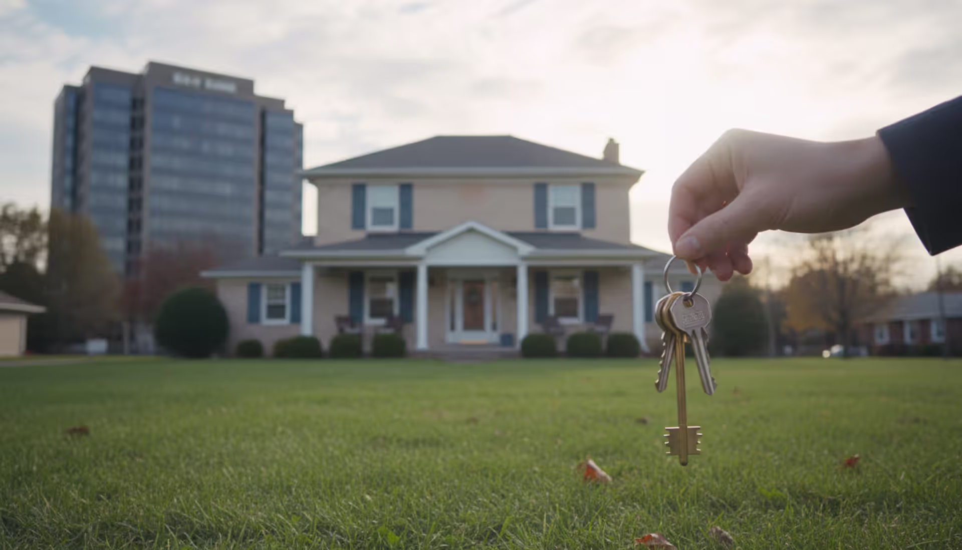 A homeowner's hand extending house keys toward a blurred bank building in the background with a suburban house on the side