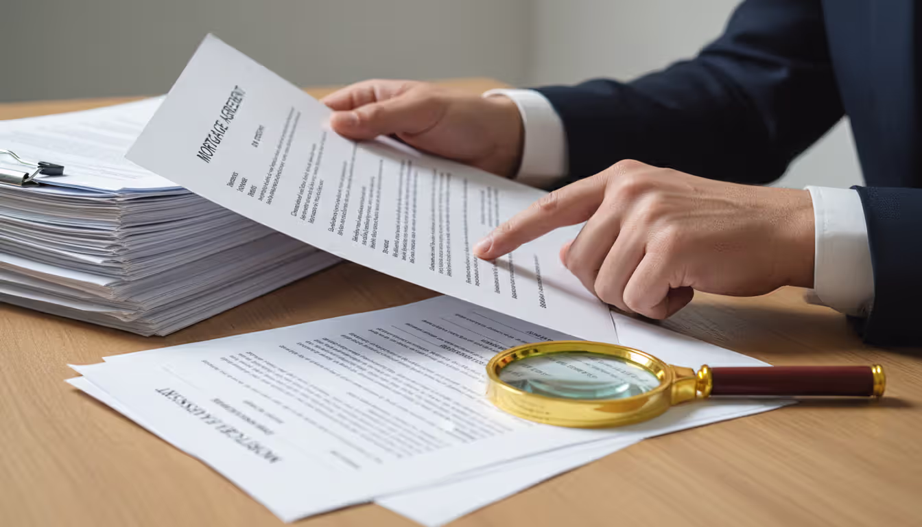Close-up of mortgage documents and loan assignment papers on a desk with a hand pointing at a signature line and a magnifying glass nearby
