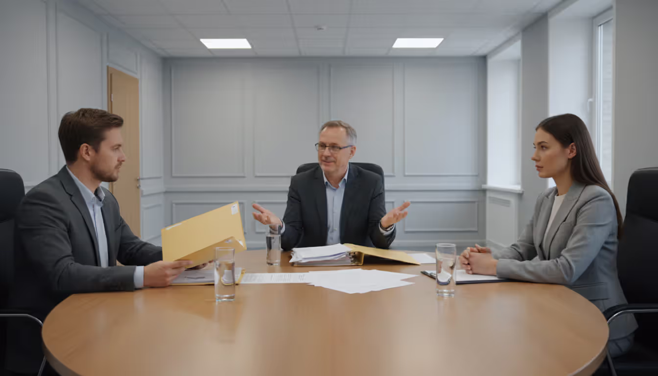 Three people sitting at a conference table during a foreclosure mediation session with documents spread on the table