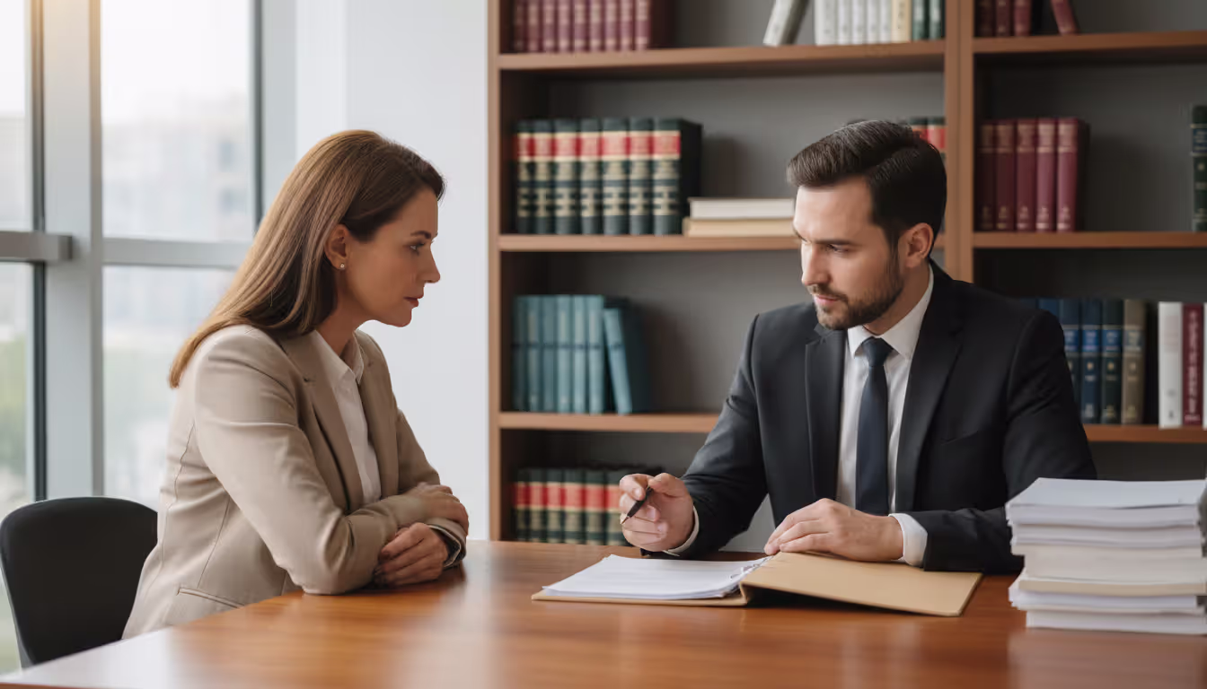 Homeowner consulting with a foreclosure defense attorney in a law office with legal books on shelves in the background