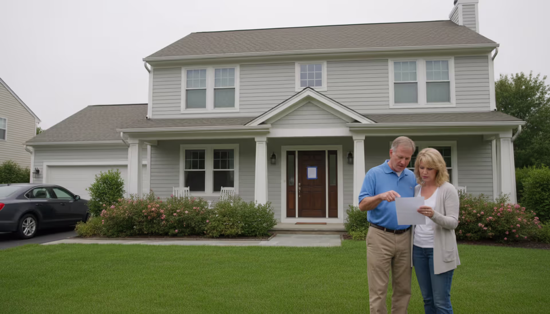 Worried homeowners standing in front of a suburban house with a foreclosure notice posted on the front door
