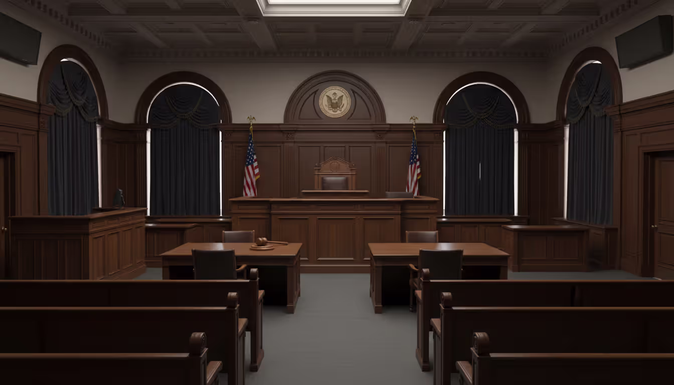 Empty American courtroom with judge bench and gavel on the desk, plaintiff and defendant tables, formal setting