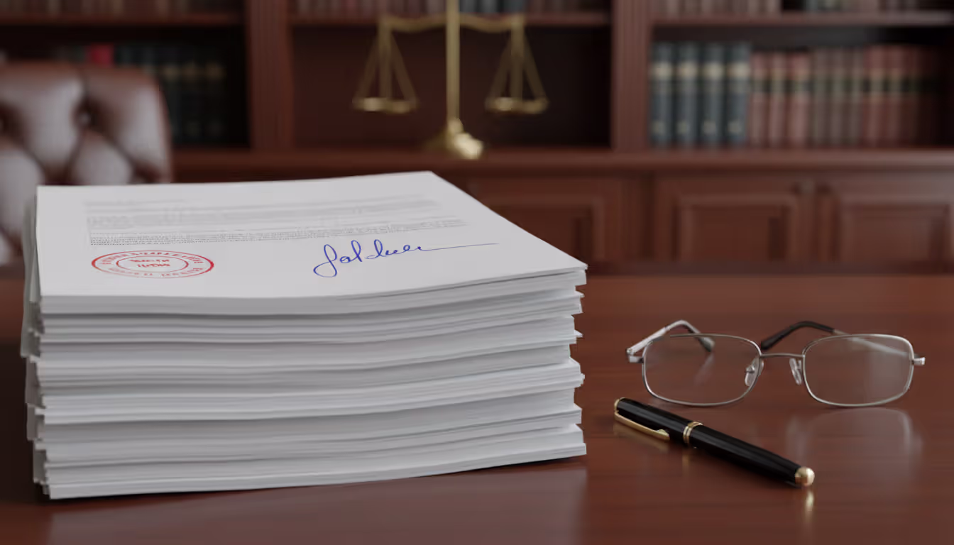 Stack of legal documents on a lawyer office desk with a stamp and signature on the top document, glasses and pen nearby