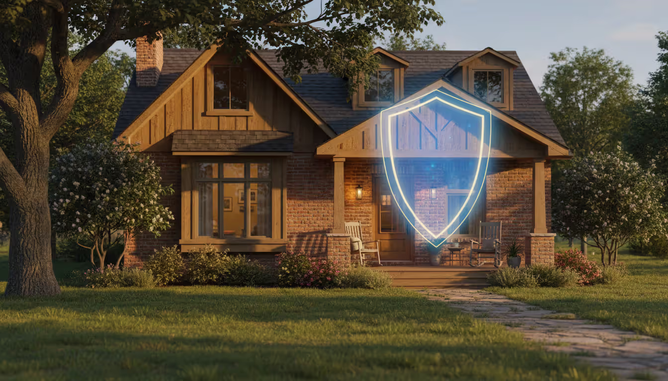 Residential house with a symbolic protective shield above it representing homestead exemption protection, green yard, warm lighting