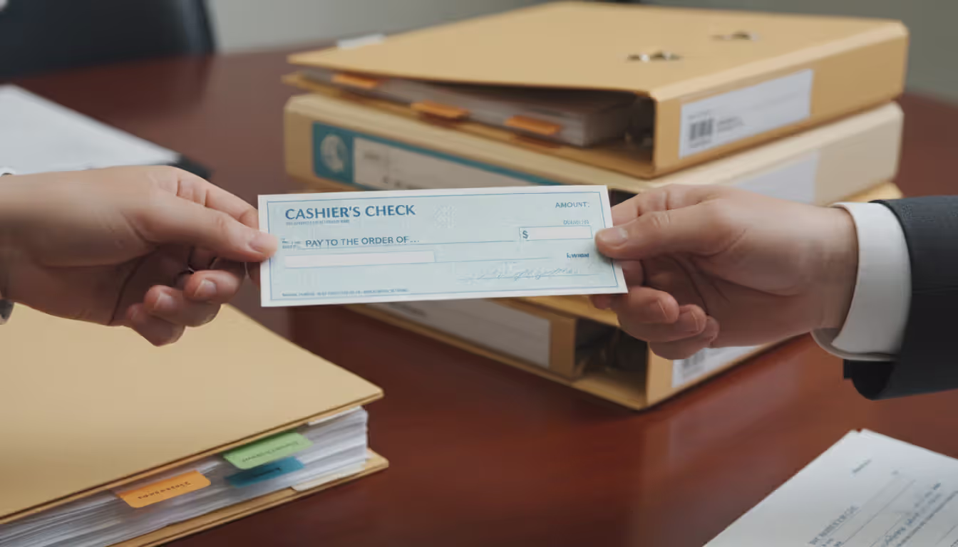 Hands exchanging a cashier check across an office desk with document folders, business setting, close-up