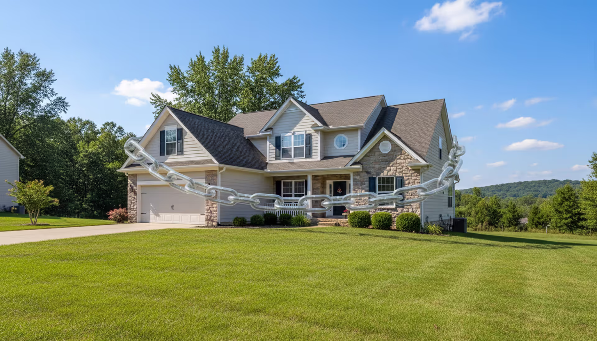 Suburban house with a symbolic translucent chain wrapped around it representing a property lien, sunny day, realistic style