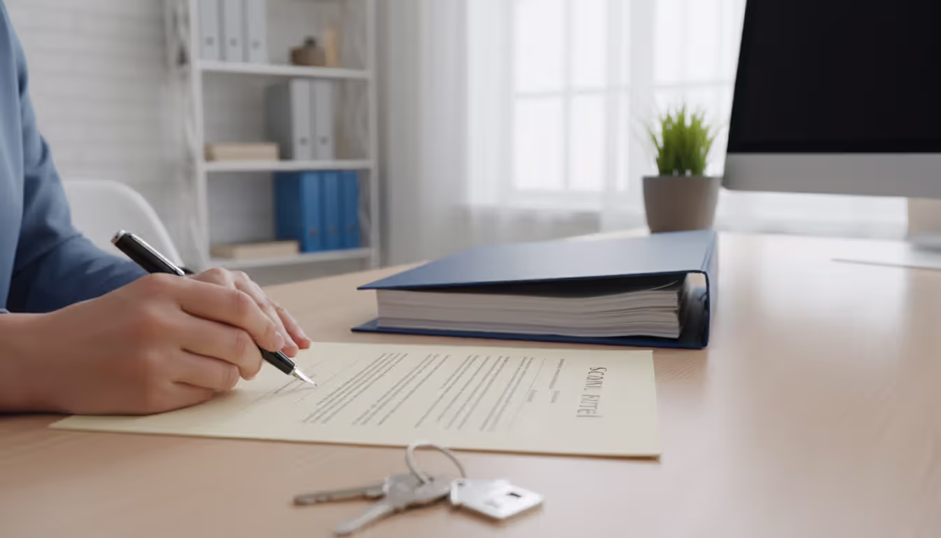 Hand signing an official legal document on a desk with house keys and a folder of paperwork nearby