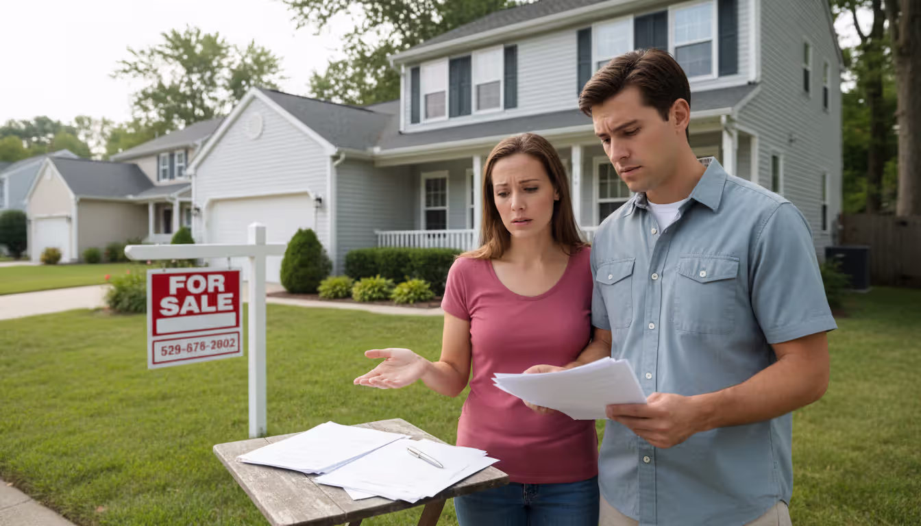 Concerned couple standing in front of a house with a for sale sign while reviewing documents about property issues