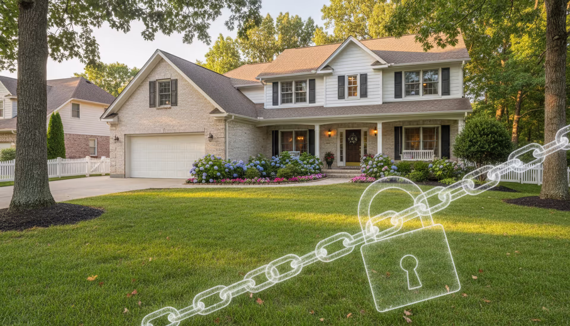 Suburban house with a translucent chain overlay symbolizing a property lien encumbrance