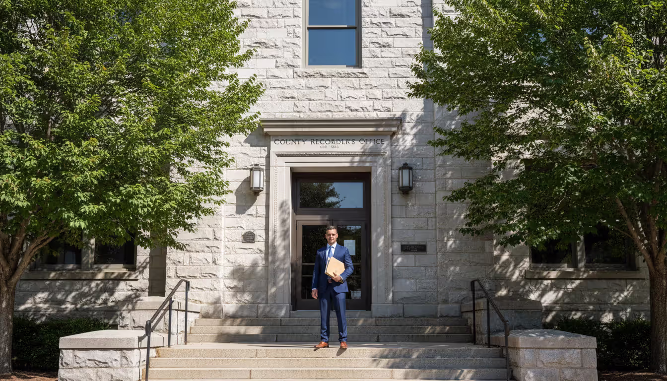Man in a business suit holding a folder with documents standing in front of a county recorder office building on a sunny day