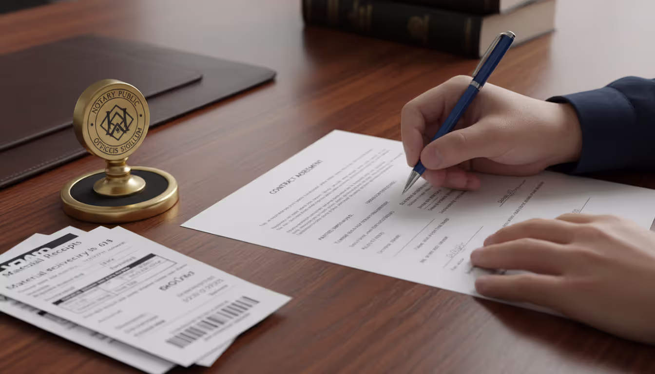 Close-up of hands filling out a legal lien document on a desk next to a notary seal and stack of delivery receipts