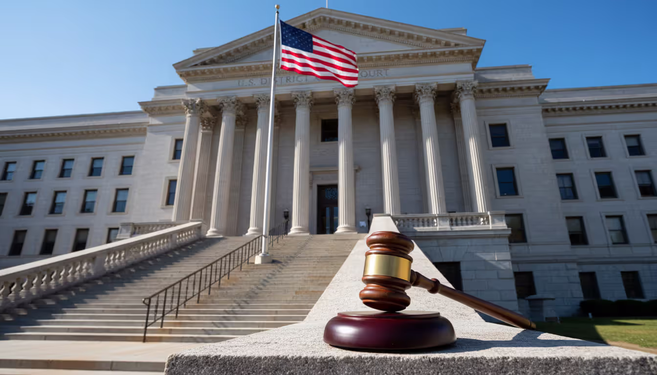 American courthouse exterior with a US flag and a wooden judges gavel on stone railing in daylight