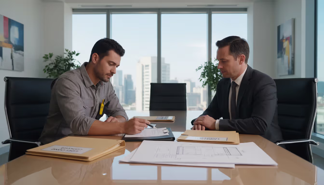 Contractor and attorney sitting at a modern office table reviewing legal documents and construction specifications together