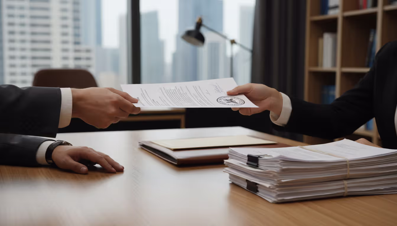 Close-up of two people exchanging a signed document across a desk with notarized paperwork