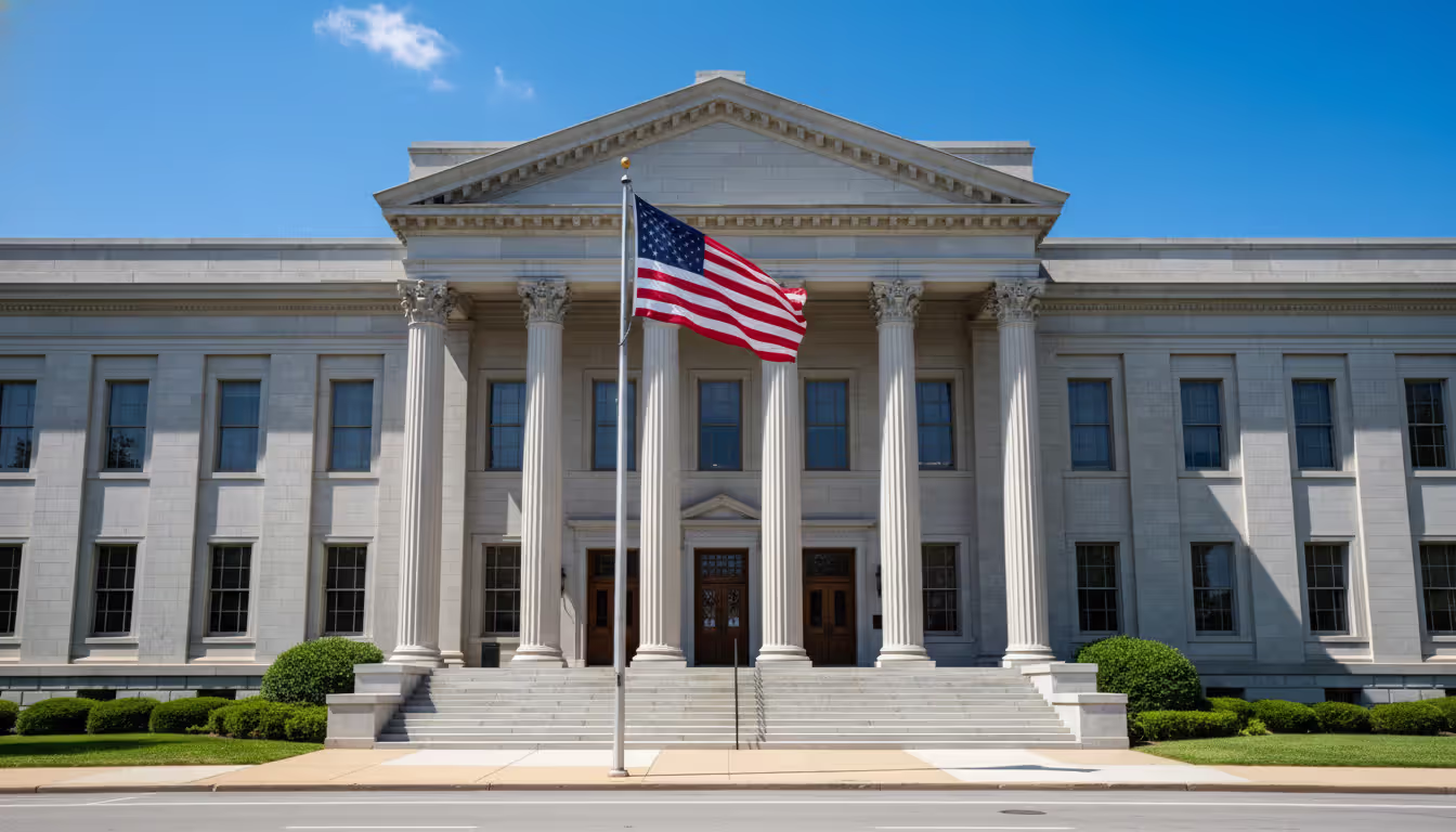 County courthouse building with columns and an American flag on a sunny day