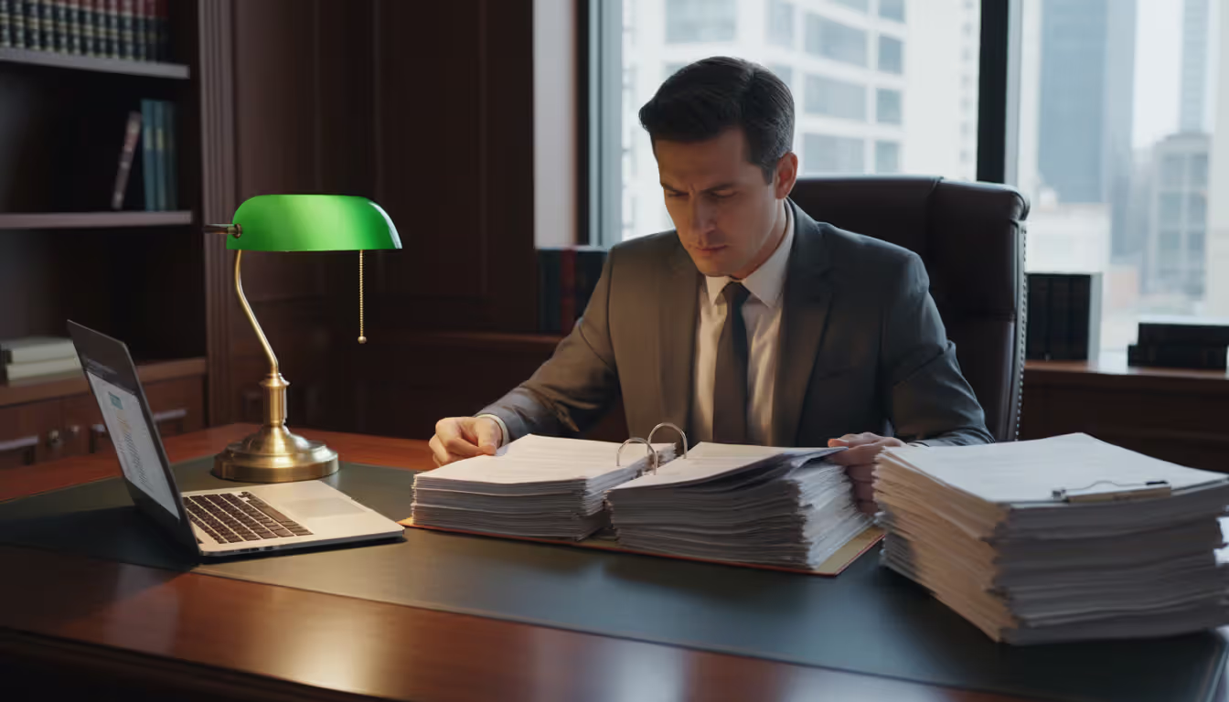 Title examiner reviewing a thick folder of property documents at an office desk with a laptop