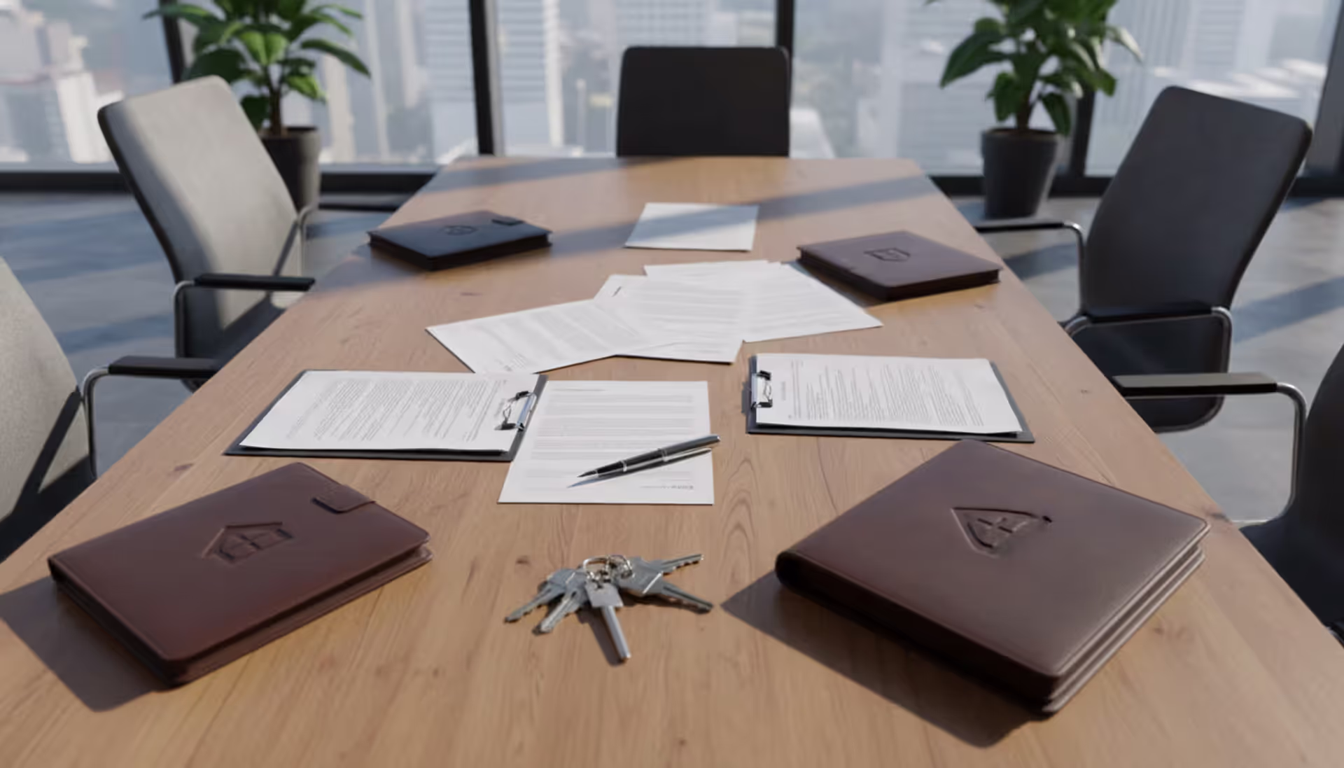Top view of a real estate closing table with documents, a pen, and house keys in natural daylight