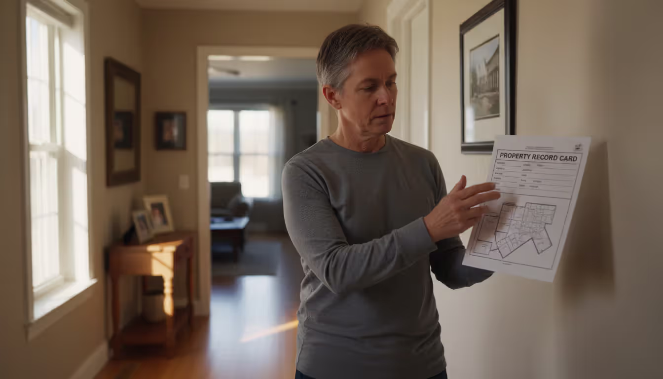 Homeowner standing in a hallway holding a printed property record card and checking room details against the actual layout of the house