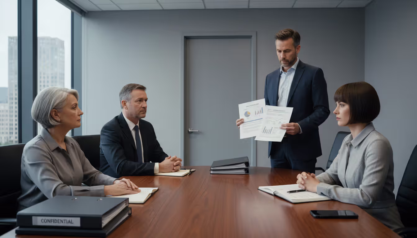 Property owner presenting printed comparable sales data to a three-member appraisal review board panel in a formal government hearing room