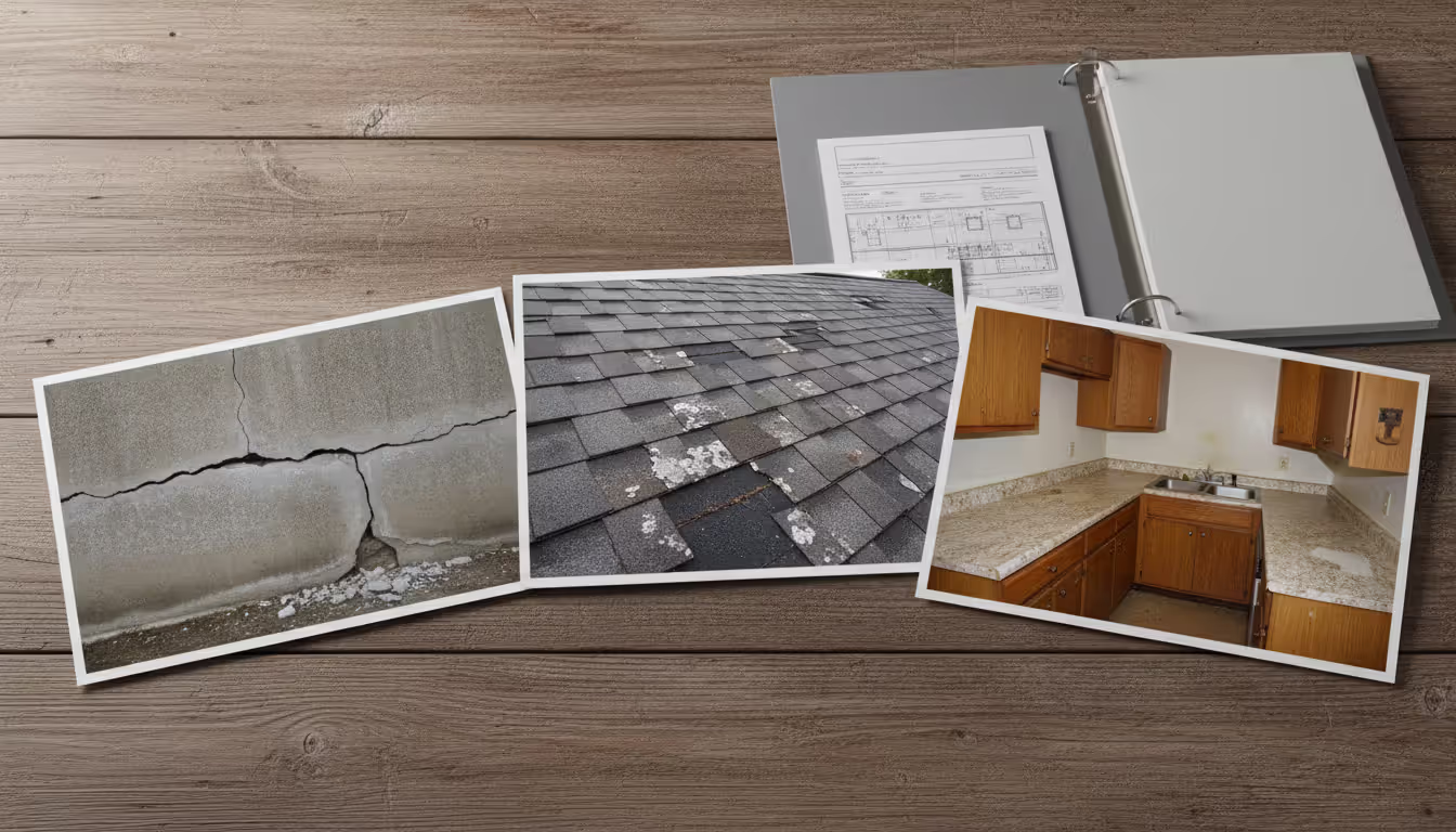 Collage of property condition photos showing a foundation crack, damaged roof shingles, and an outdated kitchen laid out on a wooden table next to an open binder
