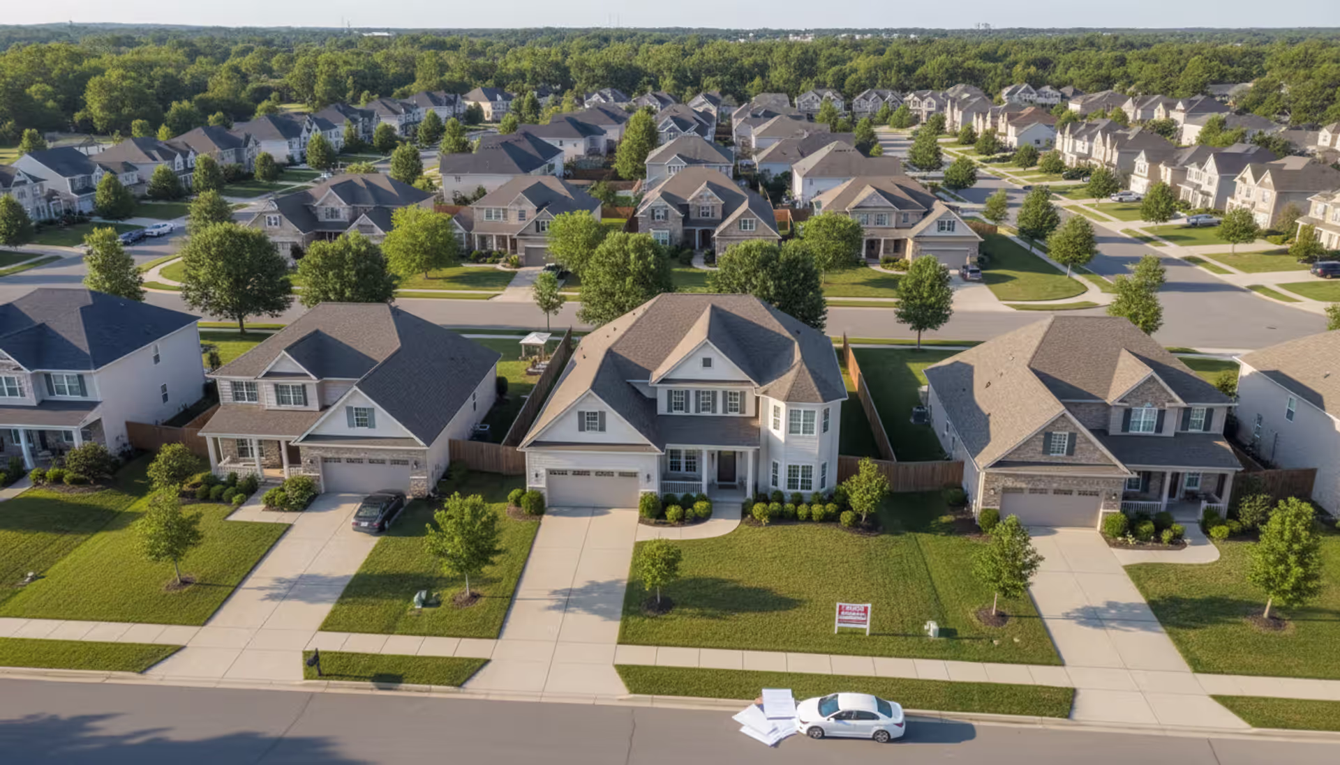 Aerial view of a suburban neighborhood with residential houses, green lawns, and a for-sale sign in front of one home next to a stack of property documents