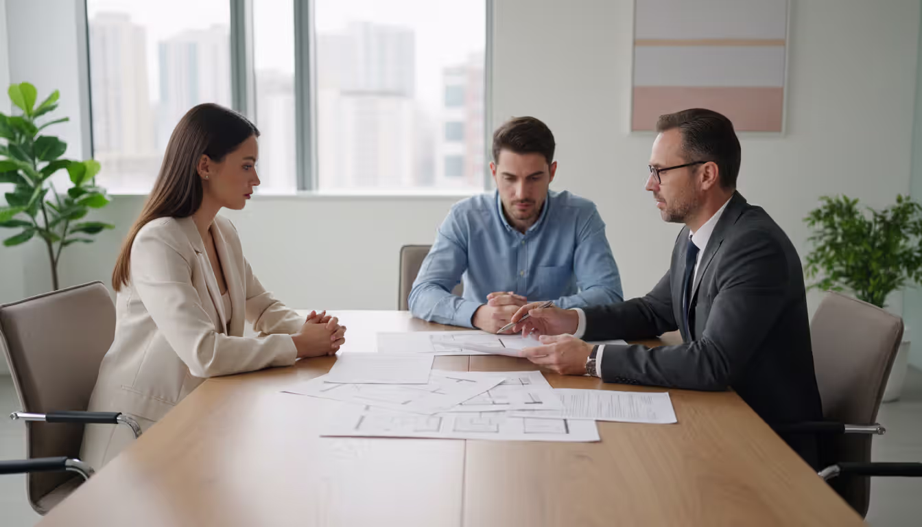 Young couple sitting across from a real estate professional at a desk reviewing mortgage documents in a bright modern office