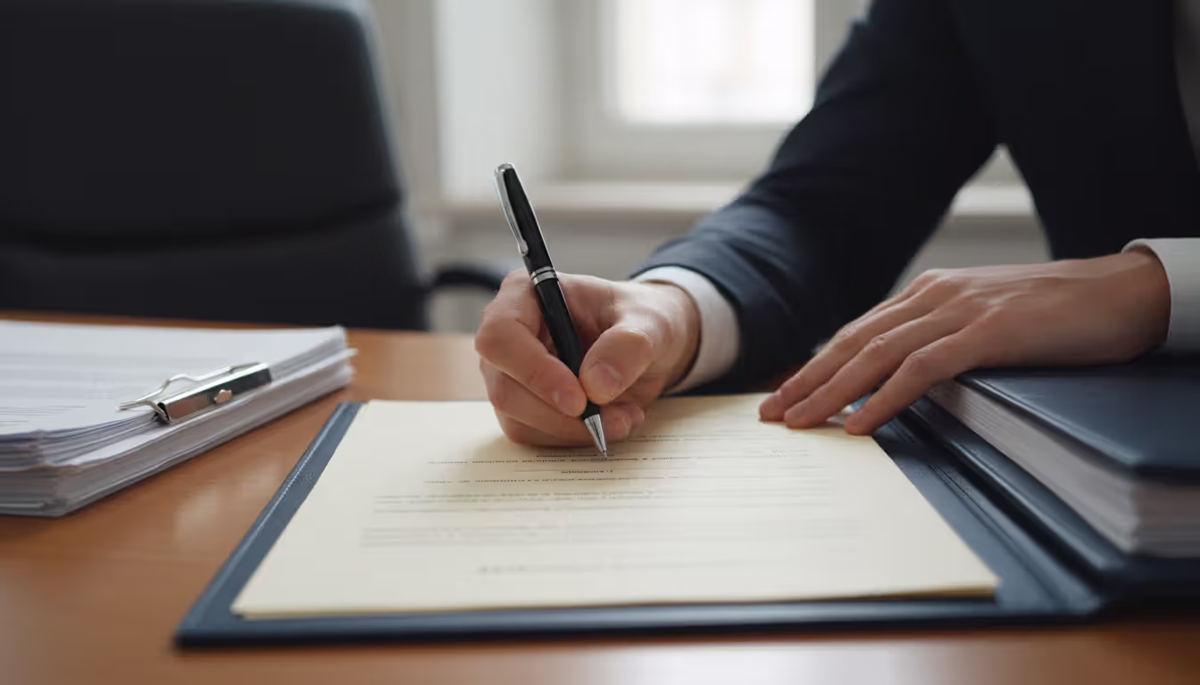 Close-up of hands signing an official document with a pen on a desk with a stack of papers and a folder nearby