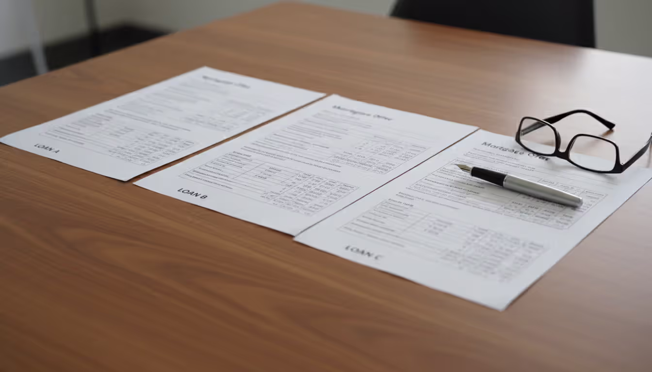 Top-down view of a business desk with several neatly arranged mortgage documents laid side by side for comparison along with glasses and a pen