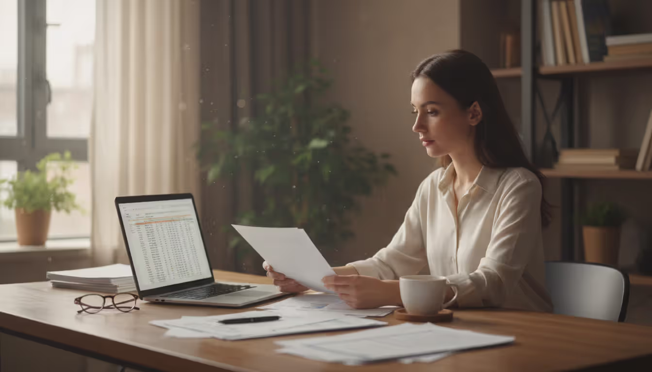 Woman sitting at a home desk in front of an open laptop carefully reviewing a paper document with a coffee cup and other papers on the table in soft natural window light