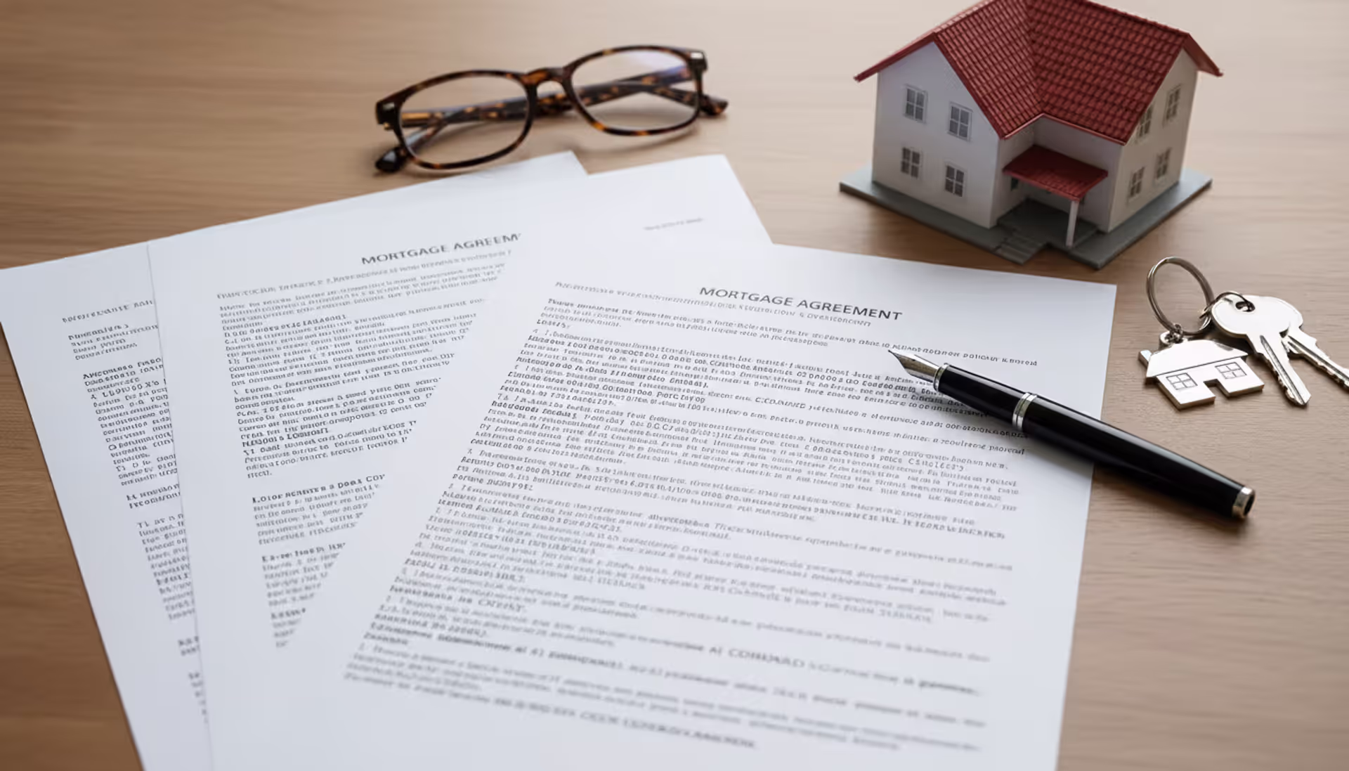 Overhead view of a desk with mortgage documents, a pen, glasses, house keys, and a small residential house model in soft business lighting
