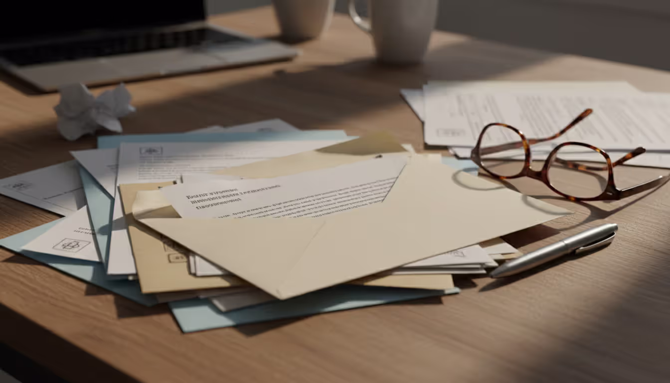 Stack of official letters and documents on a wooden kitchen table with an opened envelope and reading glasses