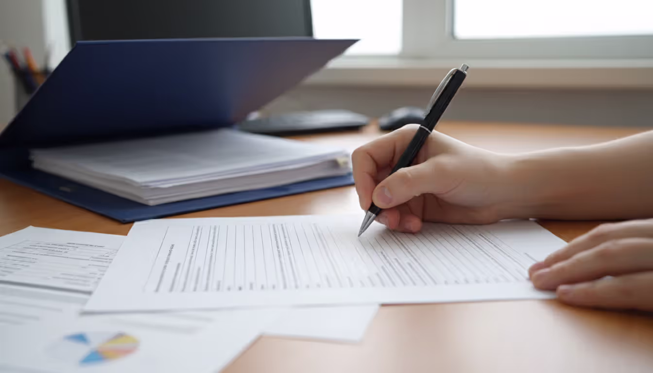Close-up of a person signing a financial document with a pen at a desk with paperwork