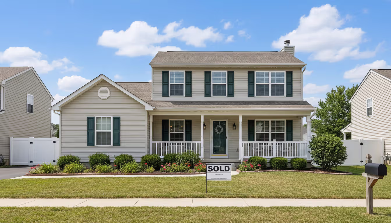 Suburban house with a Sold sign on the front lawn on a clear sunny day