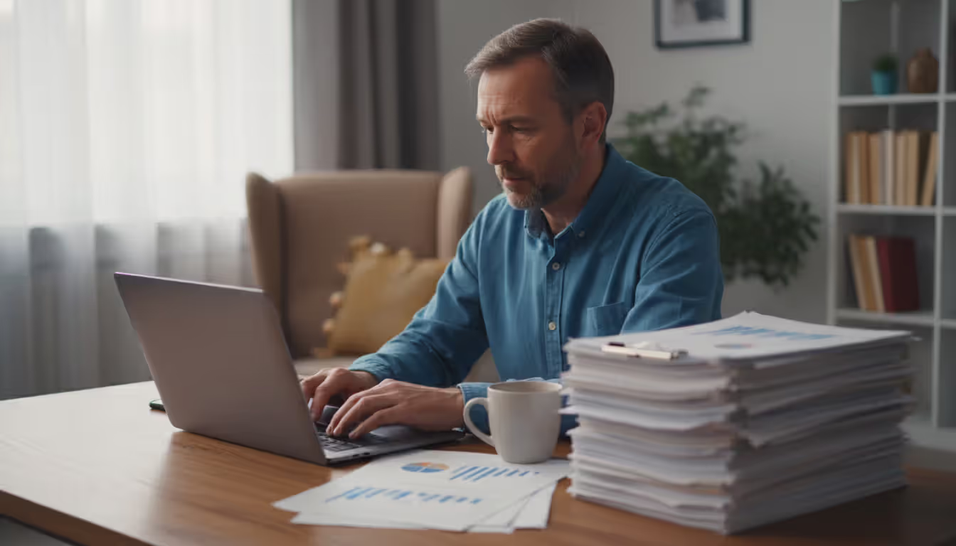 Middle-aged homeowner working on a laptop at a home desk with paperwork and a coffee mug nearby