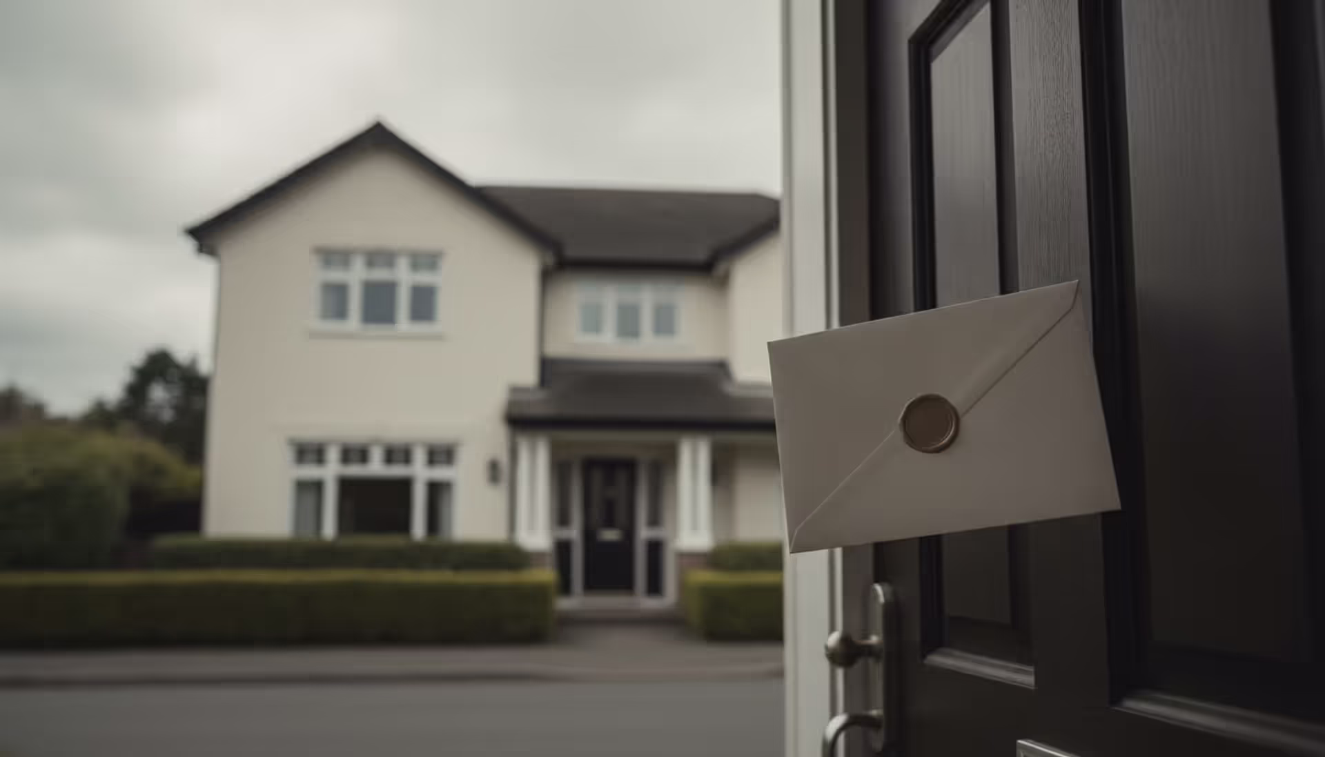 Official notice envelope pinned to the front door of a suburban house under overcast sky symbolizing tax lien threat