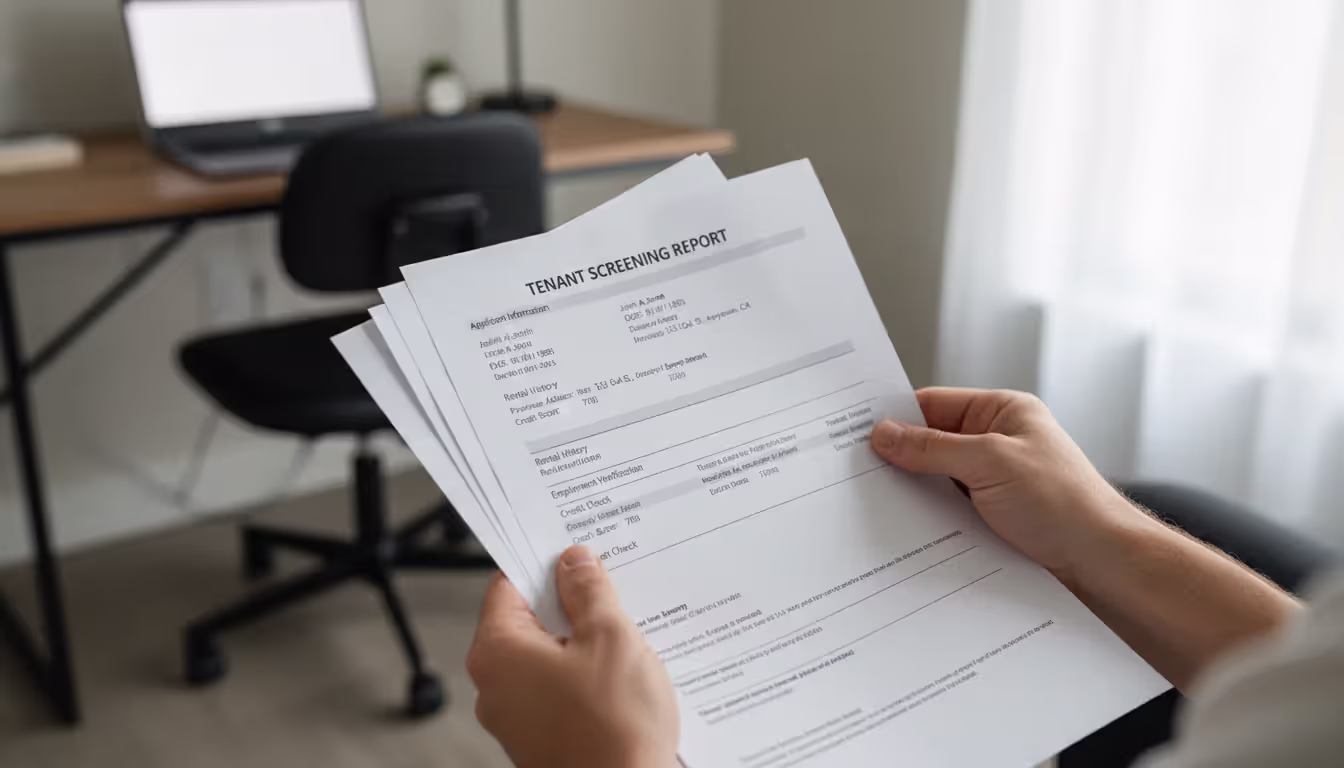 Hands holding printed tenant screening report documents with a blurred apartment background
